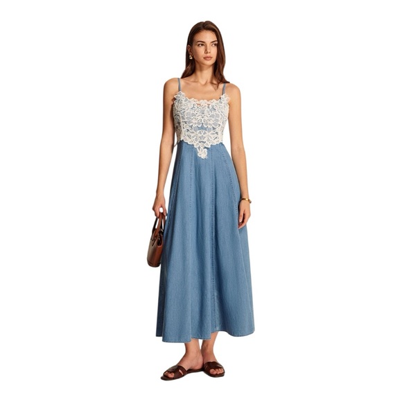 COMMENSE Lace Panel Denim Cami Dress
COLOR - Blue Size XS NWT Maxi Straps - Picture 1 of 10